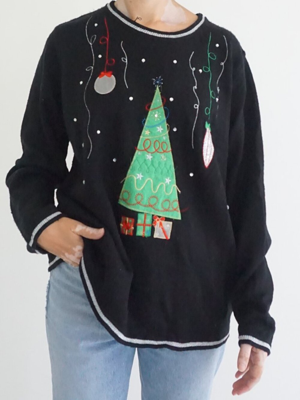 Vintage White Stag Black Christmas Tree Ornaments Knit Holiday Sweater XXL